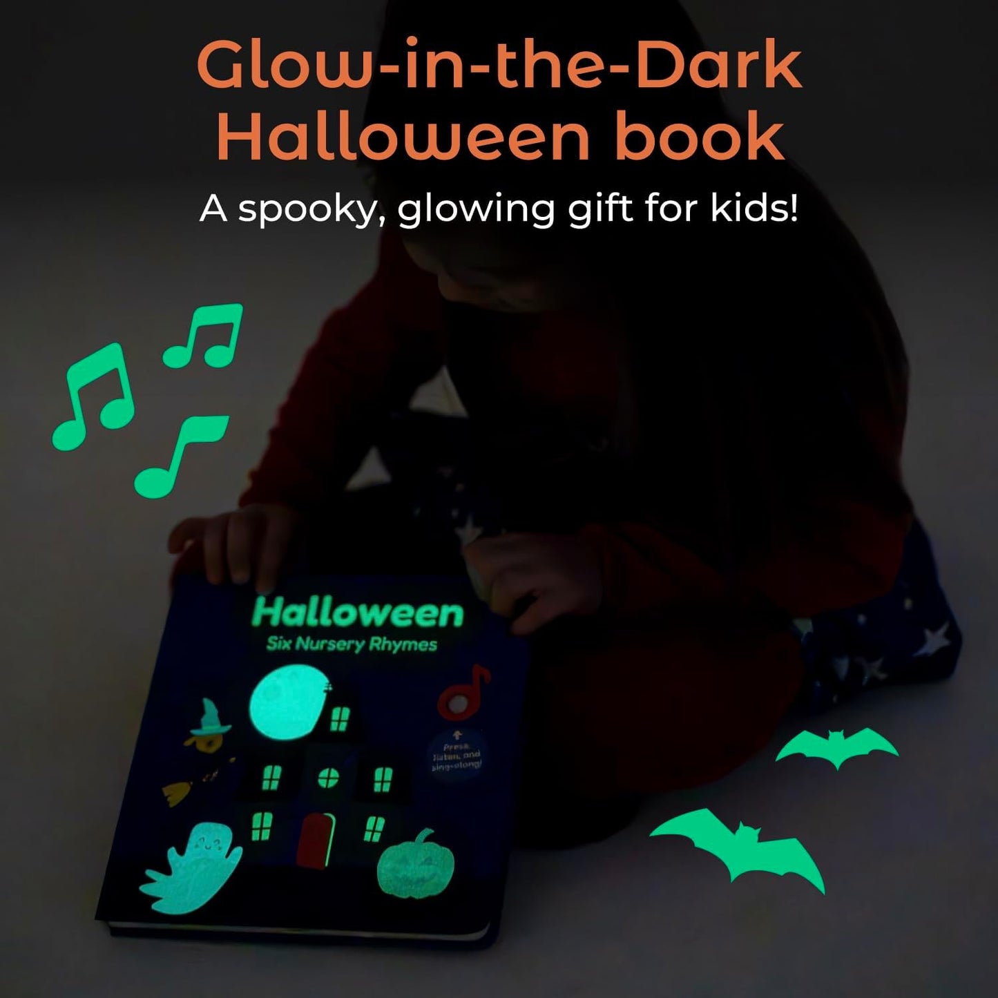 Cali's Books Halloween Books for Kids - Glow in The Dark Musical Book for Toddlers 1-3, Halloween Toys Singing Music Book, USB-C Rechargeable Baby Nursery Rhymes Learning Song Toy for 2 Year Old