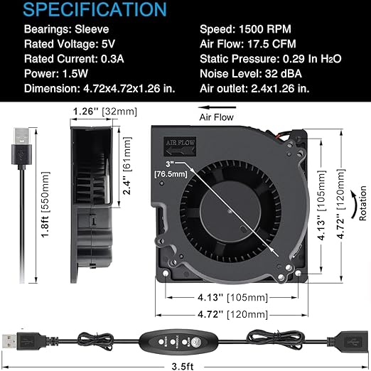 GDSTIME 120mm x 32mm USB Blower Fan with Speed Control, 5V Brushless DC Centrifugal Fans for Receiver DVR Xbox Modem AV Cabinet Cooling