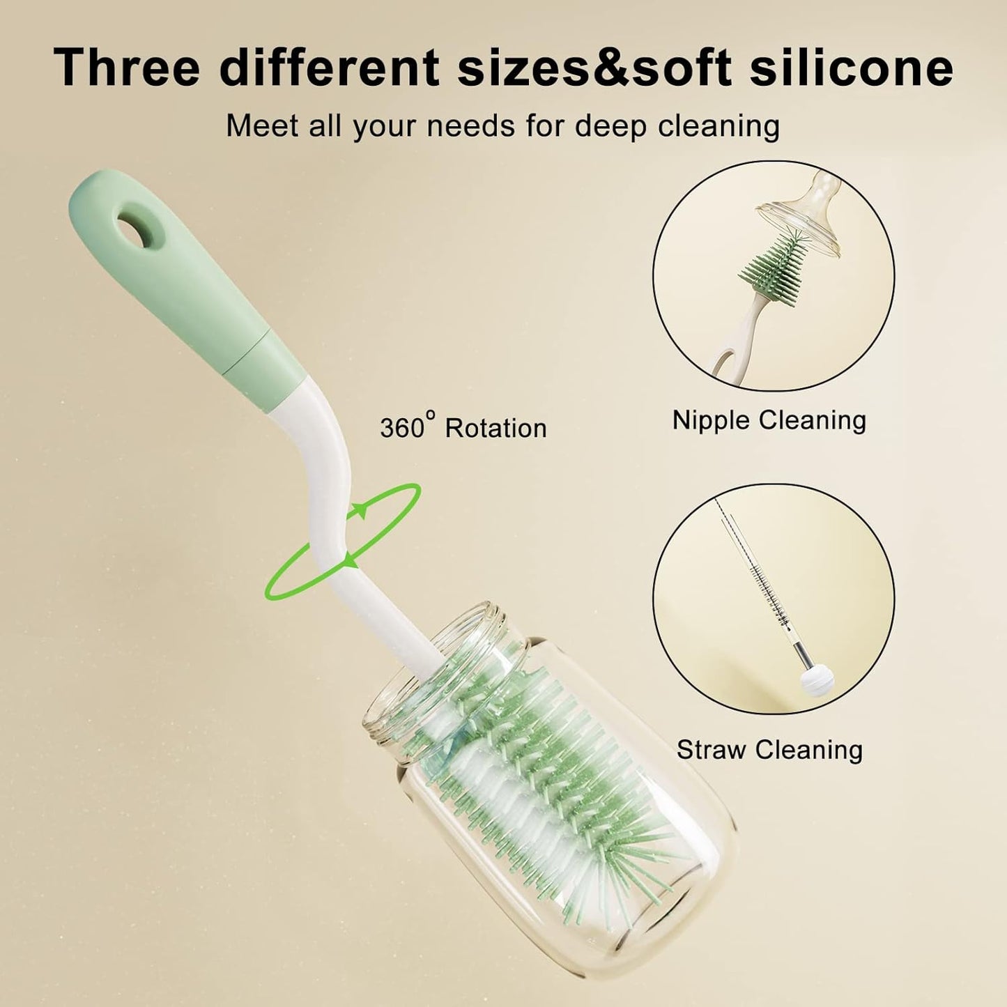 Silicone Bottle Brush Set with Stand, 360° Rotating Bottle Cleaning Brush Cleaner Set, Long Handle 3 in 1 Multipurpose Silicone Baby Bottle Straw Cleaner Brush (Green)