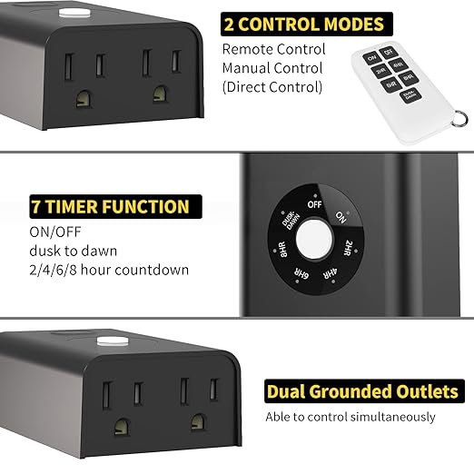 Minoston Outdoor Timer Outlet Waterproof with Remote, 2 Outlets Dusk to Dawn Plug, Light Sensor Countdown Timer 2 4 6 8 Hours 100Ft Remote Control Home Garden(MP42T)