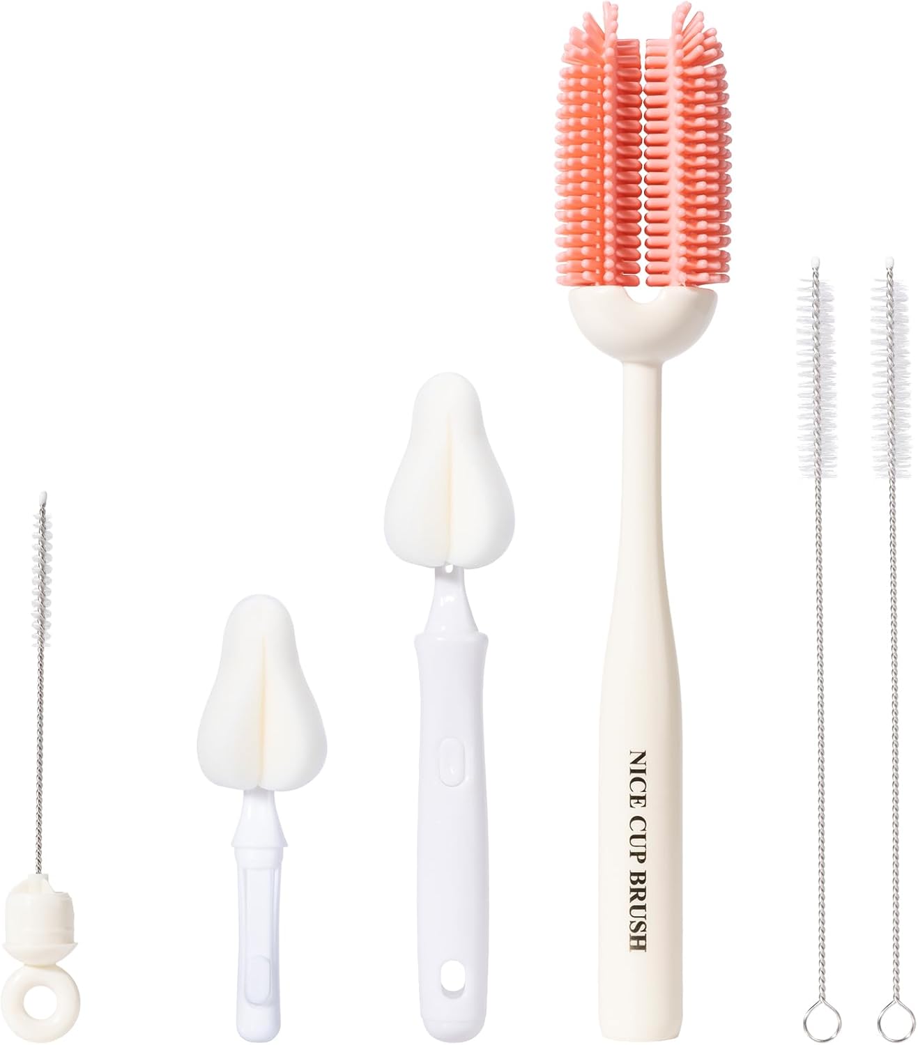 5-in-1 Baby Bottle Brush Kit, Silicone Bottle Brush for Baby Bottle and Breast Pumps, Sponge Nipple Brush with Replaceable Brush Head, Straw Brushes, Pink