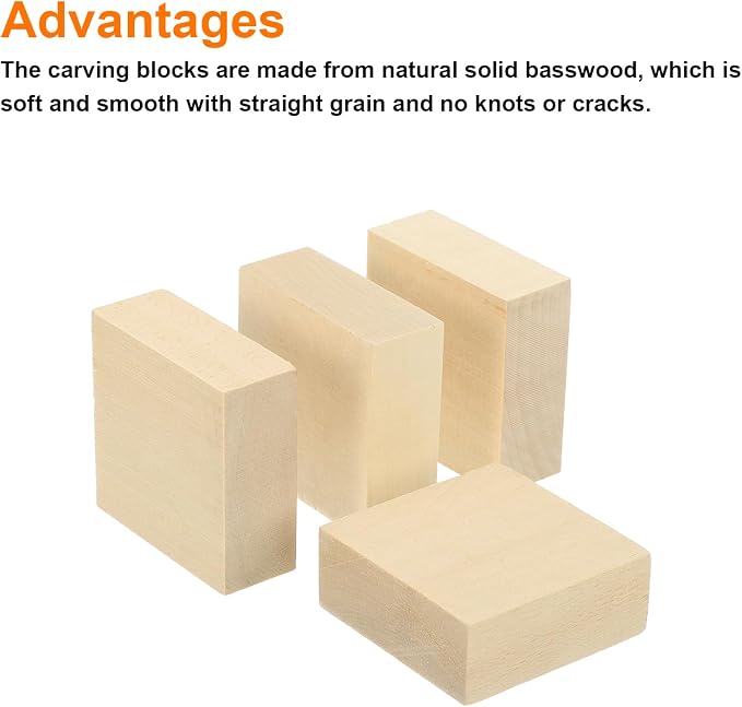 MECCANIXITY 4Pcs Basswood Carving Block, 0.8"x2"x2" Square Wooden Dowels Blocks