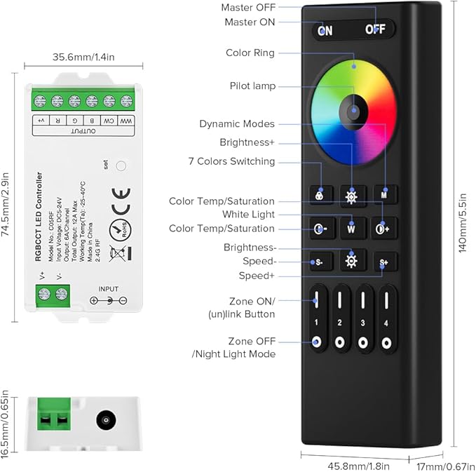 BTF-LIGHTING 5050SMD FCOB COB RGBCCT RF 2.4GHz Wireless Remote RC03RFB &2PCS C05RF Tuya Controller Kit 4 Zones Group Control PWM RGBWW (+ R G B C W) 6pin LED Strip DC5V DC12V DC24V