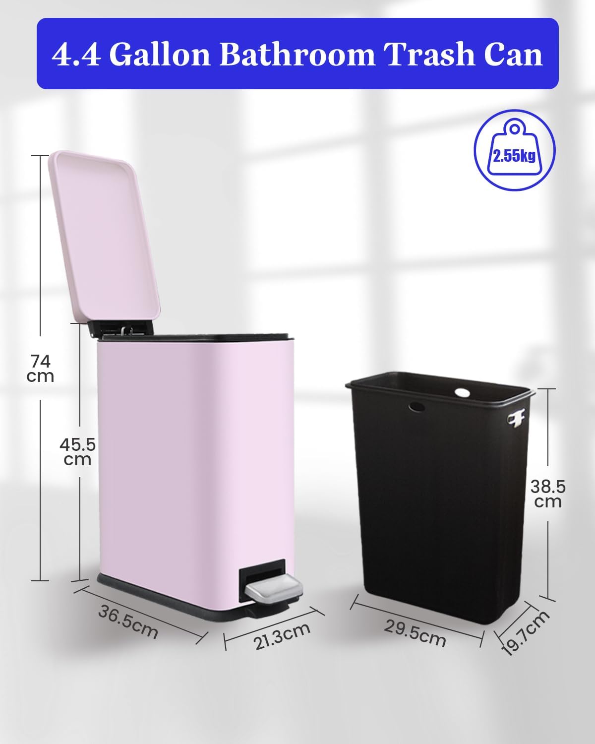 Bathroom Trash Can with Lid, 16.7L/ 4.4 Gallon Trash Can with Removable Inner Bucket, Soft Close lid, Stainless Steel Step Pedal Garbage Can for Bedroom, Kitchen, Home Office, Pink