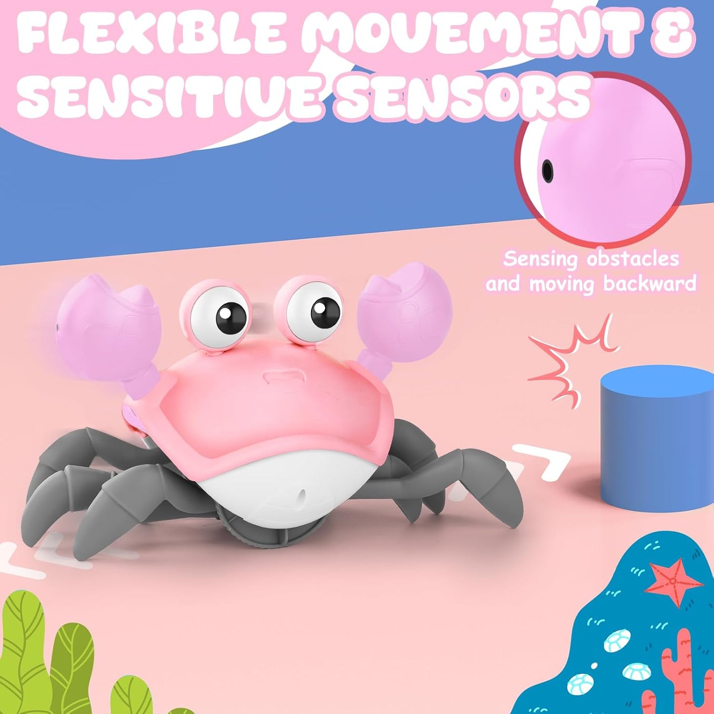 Crawling Crab Baby Toy, Tummy Time Girl Gifts for Babies 3-6 6-12 Month, Light-Up Walking Dancing Moving Crab with Music & Obstacle Avoidance, Rechargeable Musical Toys 1 Year Old Girls Gift (Pink)