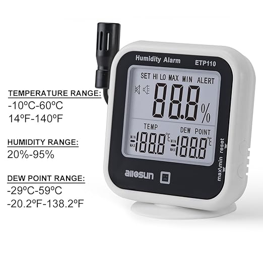 ALLOSUN Digital Thermometer Hygrometer Indoor Humidity Greenhouse Temperature Monitor Alarm Long Probe Gauge Dew-Point Meter with LCD Display