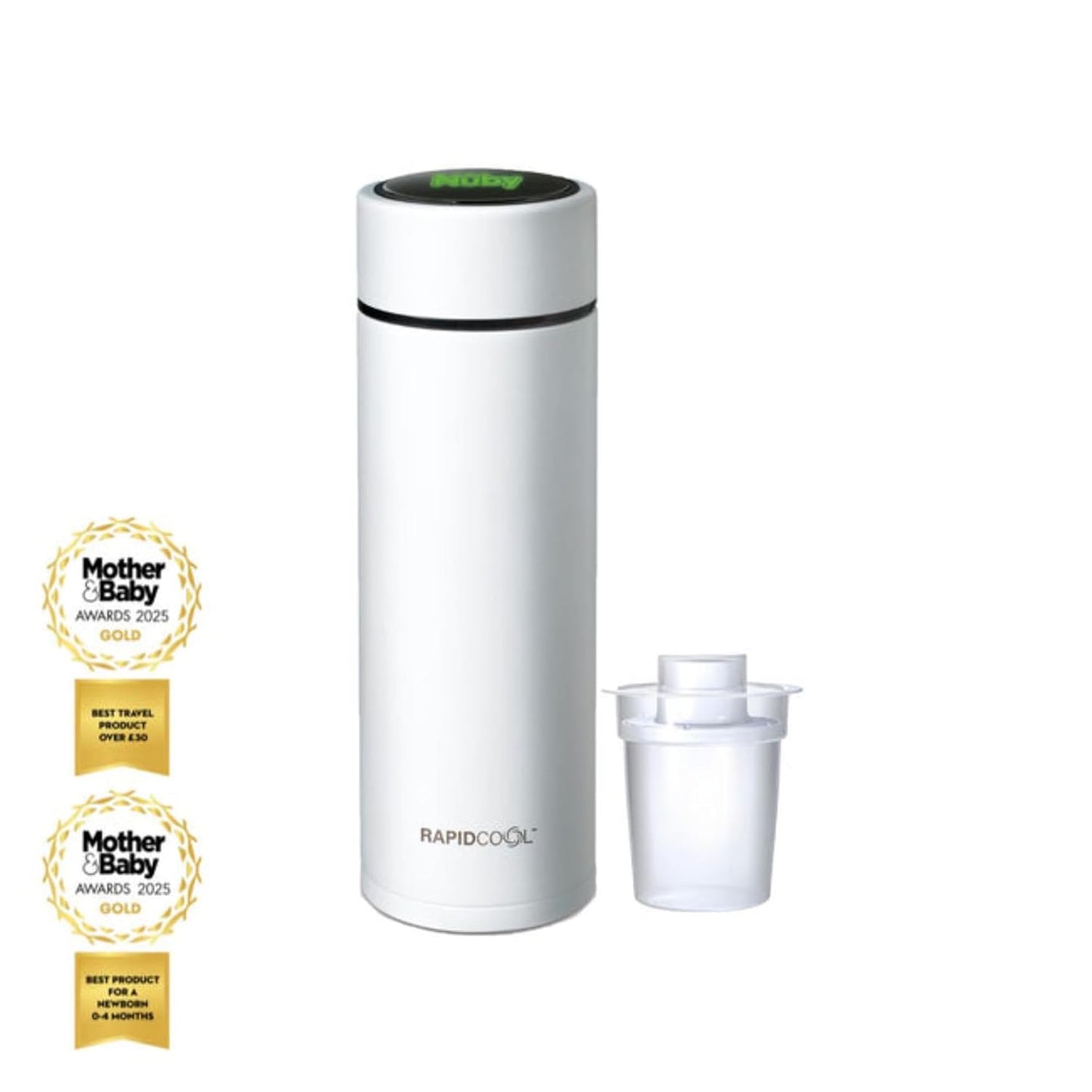 Nuby RapidCool Portable Baby Bottle Maker - with Milk Powder Dispenser and Digital Lid - Ideal for Travel Bottles and Night Feeds - Stainless Steel