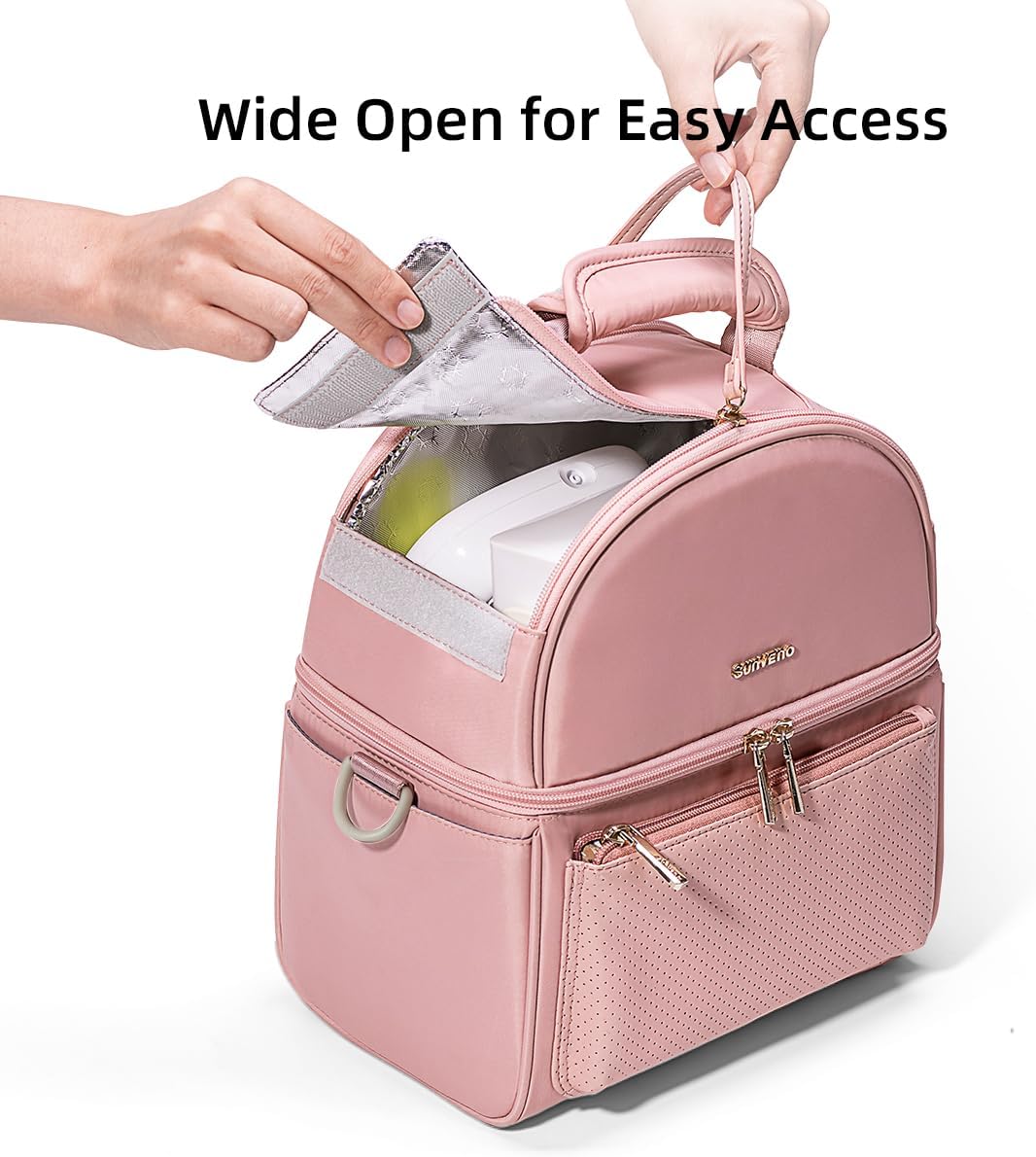 Sunveno Breastmilk Cooler Bag Set with 2 Ice Packs & Detachable Insulation Box, 15-Hour Cold Retention Foil-Lined Leak-Proof Tote Fits 3 Baby Bottles for On-The-Go Pumping Moms, Daycare & Travel,Pink