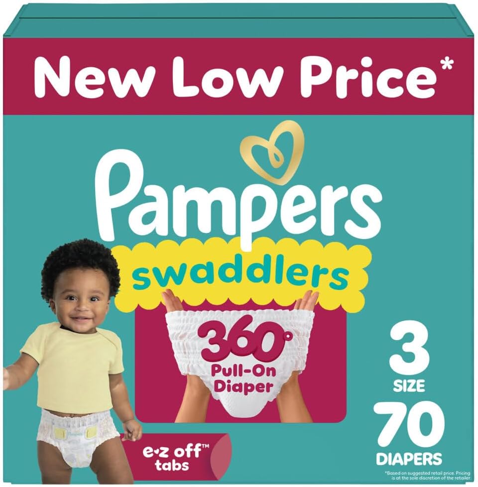 Pampers Diapers - Swaddlers 360° - Size 3, 70 Count, up to 100% Leakproof Comfy Dry Fit, Designed for Easy Changes, Pull On Baby Diaper (Packaging May Vary)