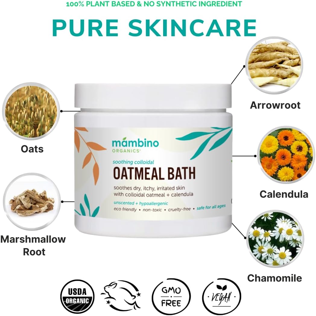 Mambino Organics Calming Skin Set, Oatmeal Bath Soak Powder & Soothing Body Oil, Fragrance-Free with Jojoba & Evening Primrose, Gentle for Babies & Adults, Ultra-Sensitive Skin, Vegan, 11 oz