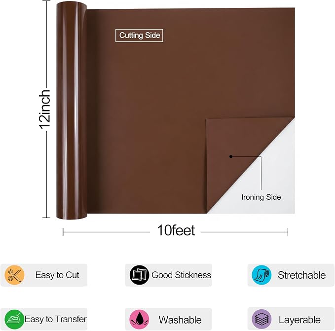 guangyintong Heat Transfer Vinyl Rolls 12" x 10ft, PU Chocolate HTV Vinyl