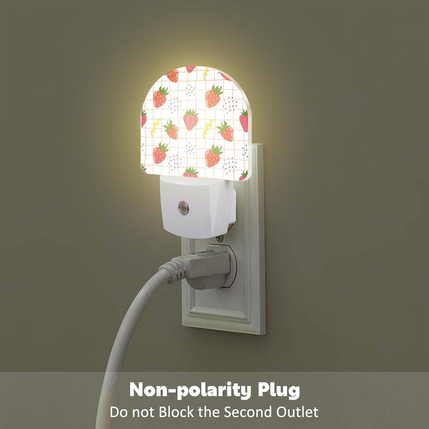 Cute Red Strawberries Night Light Plug into Wall, Abstract Funny Fruits Dusk to Dawn Night Light Plug in,0.5w Energy Saving Sleep Friendly NightLight for Kids Boys Girls Home Decor