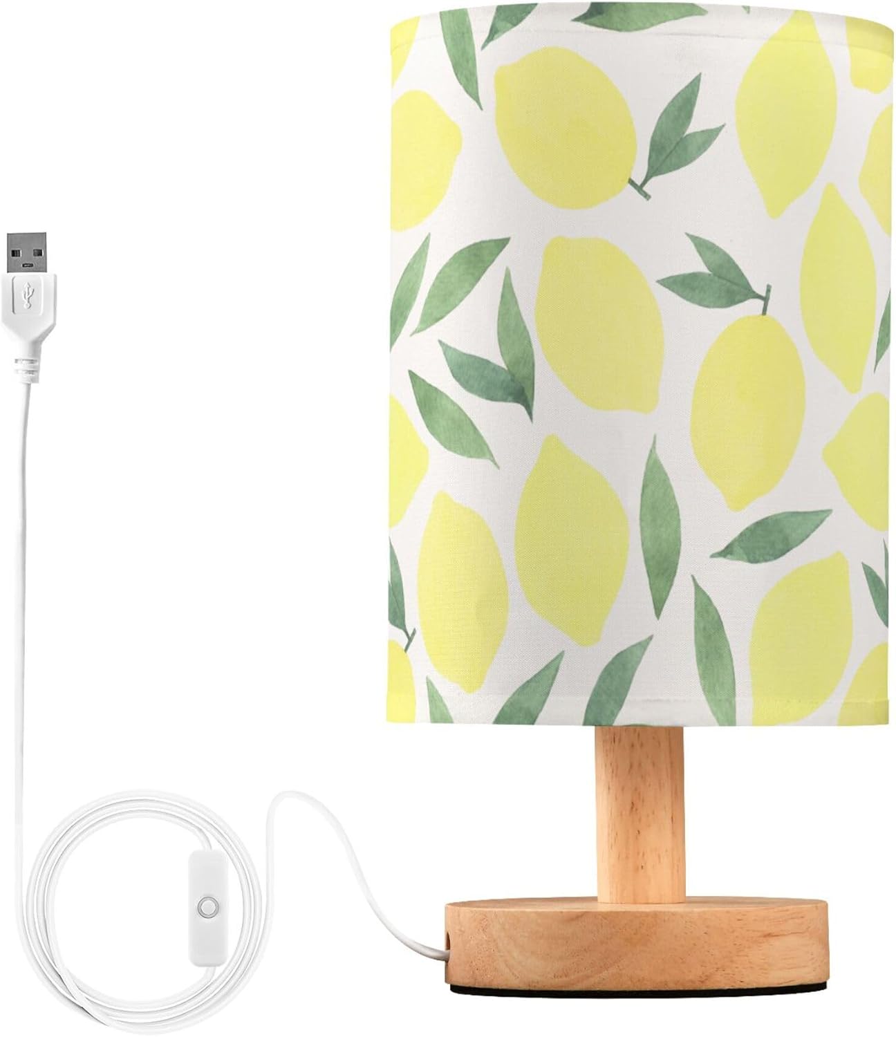 Table Lamp Watercolor Lemon and Leaf Pattern Pastel Color Fruit Print Nightstand Lamp with Wood Base Fabric Lamp Shade Bedside Desk Lamp for Living Room Bedroom Kids Room Office