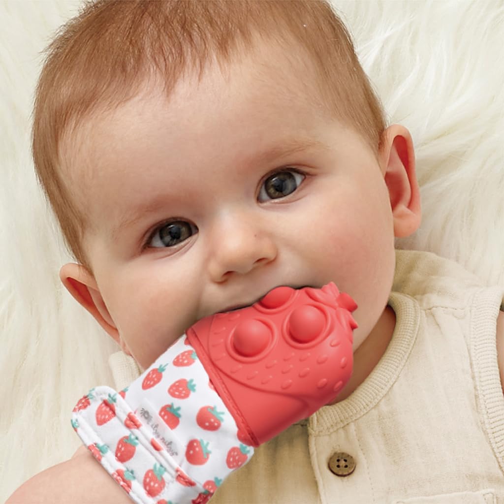 Itzy Ritzy Silicone Teething Mitt - Soothing Infant Teething Mitten with Adjustable Strap, Crinkle Sound & Textured Silicone to Soothe Sore & Swollen Gums - for Ages 3 Months & Up (Strawberry)