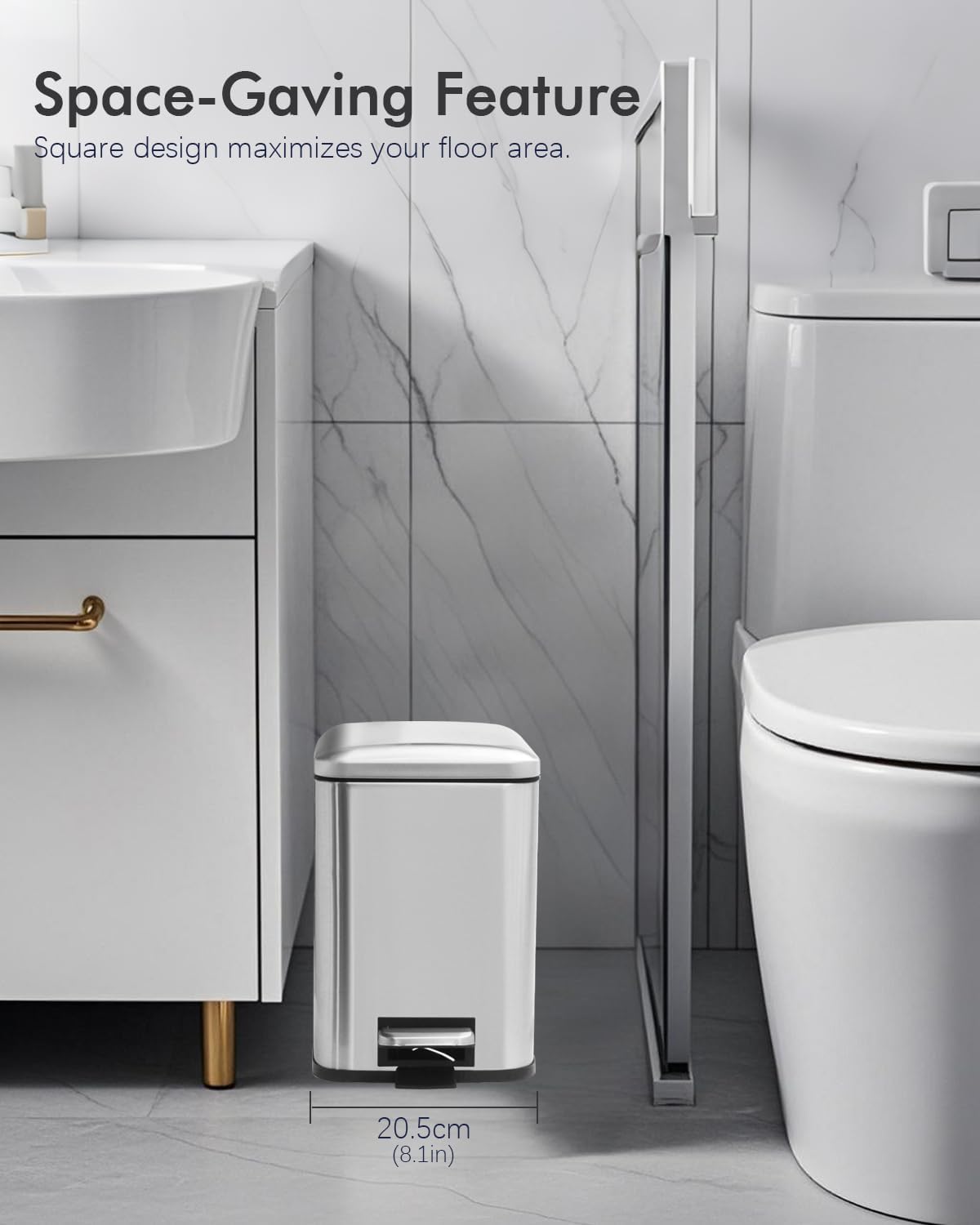 Bathroom Trash Can with Lid, 6 Liter / 1.6 Gallon Small Trash Can with Removable Liner Bucket, Soft Close lid & Step Pedal, Silver Stainless Steel Garbage Can for Bedroom, Office, Dorm