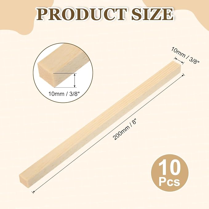 MECCANIXITY 10Pcs Wood Strips Slats, 3/8" x 3/8" x 8" Thin Wood Sticks Flat