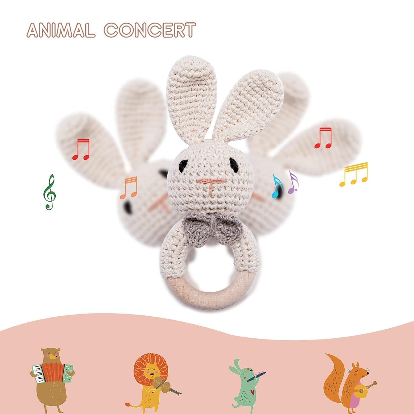 Youuys Wooden Baby Rattle Toys, Easter Bunny Rattle for Baby Crochet Bunny Rattle Toy Natural Wood, Shaker Rattle for Hand Grips, Boy Girl First Rattle Gift, Newborn Gifts (Bunny)