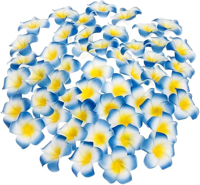 Pursuestar 100Pcs Blue Foam Hawaiian Frangipani Artificial Plumeria Flower