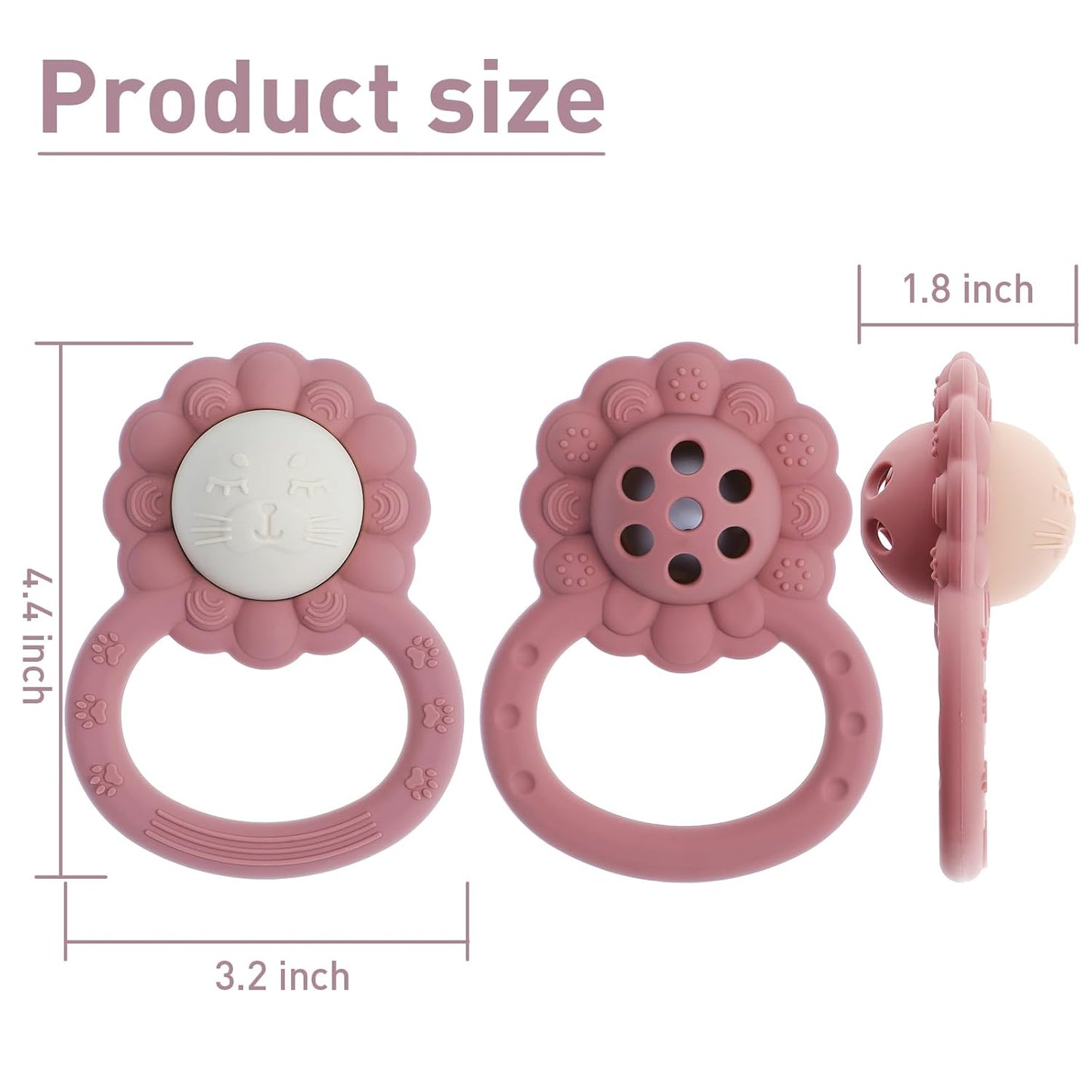 Rattle Teether, Lion Shape Montessori Baby Sensory Teething Toys, Food Grade Silicone BPA Free, Newborn Essentials Must Haves (Shifting Sand Powder Rose)