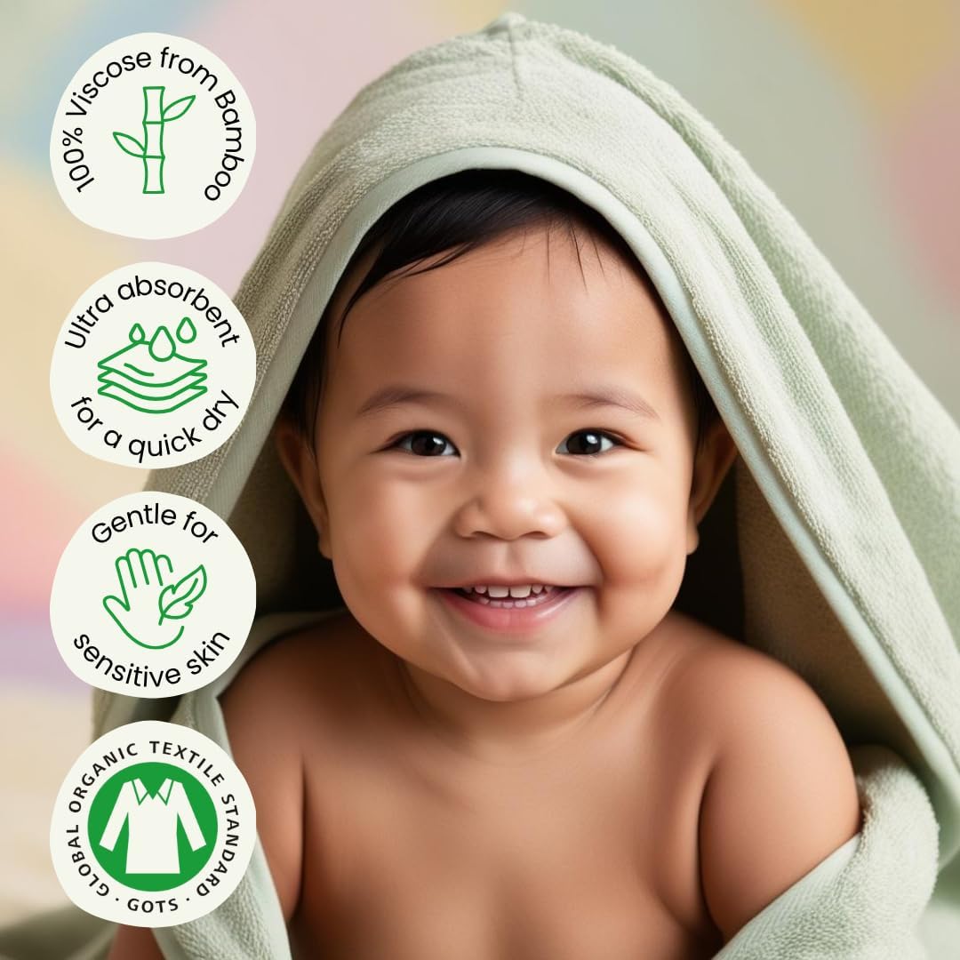 Hooded Baby Toddler Towel and Washcloth Set Made with Viscose from Bamboo, Large Size of 35" x 35", Soft and Absorbent, Baby Essential in Sage