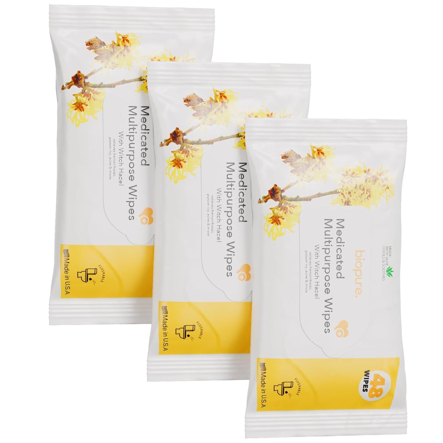 BIOPURE Witch Hazel Wipes - 144 Medicated Wipes with Aloe Vera, Soothing & Refreshing, Biodegradable & Fragrance Free, Perfect for Face, Intimate Area & Travel