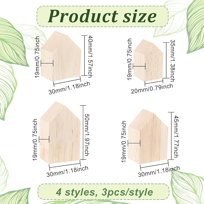 OLYCRAFT 12Pcs 4Sizes Unfinished Wood House Shaped Blocks Arrow Shape Wooden