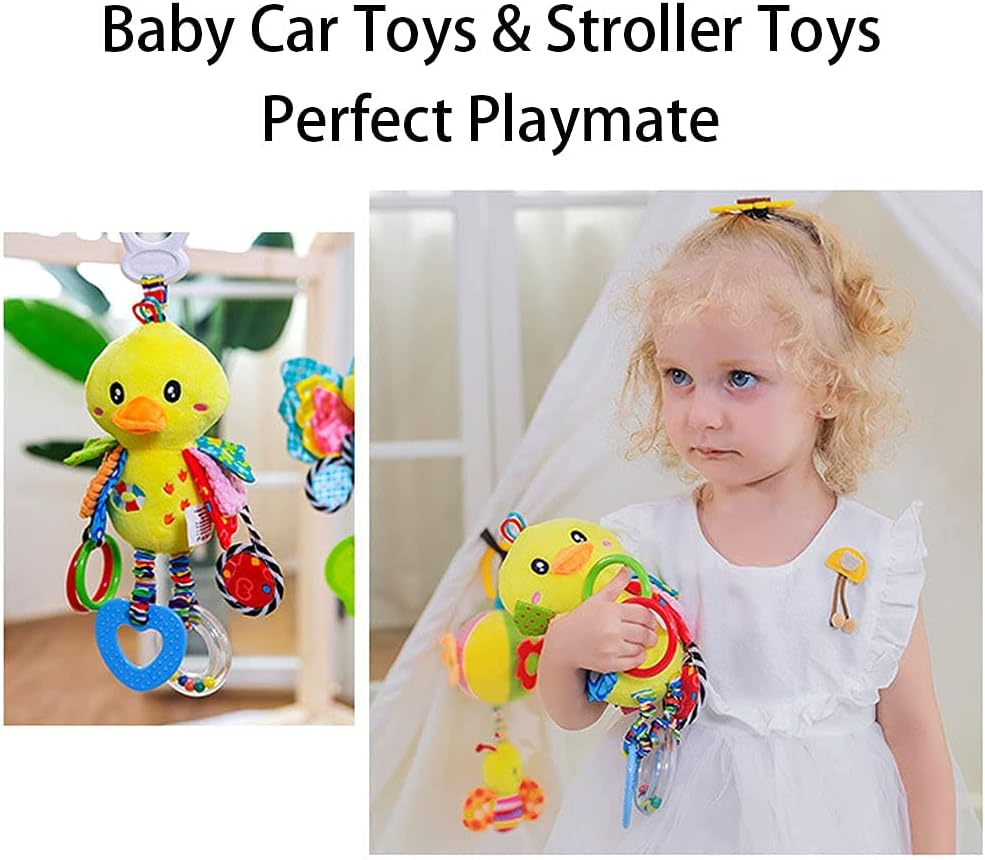 D-KINGCHY Baby Car Seat Stroller Toys Plush Hanging Animal Stuffed Rattle with Teether Sound for 0-3 Years Old (Duck)