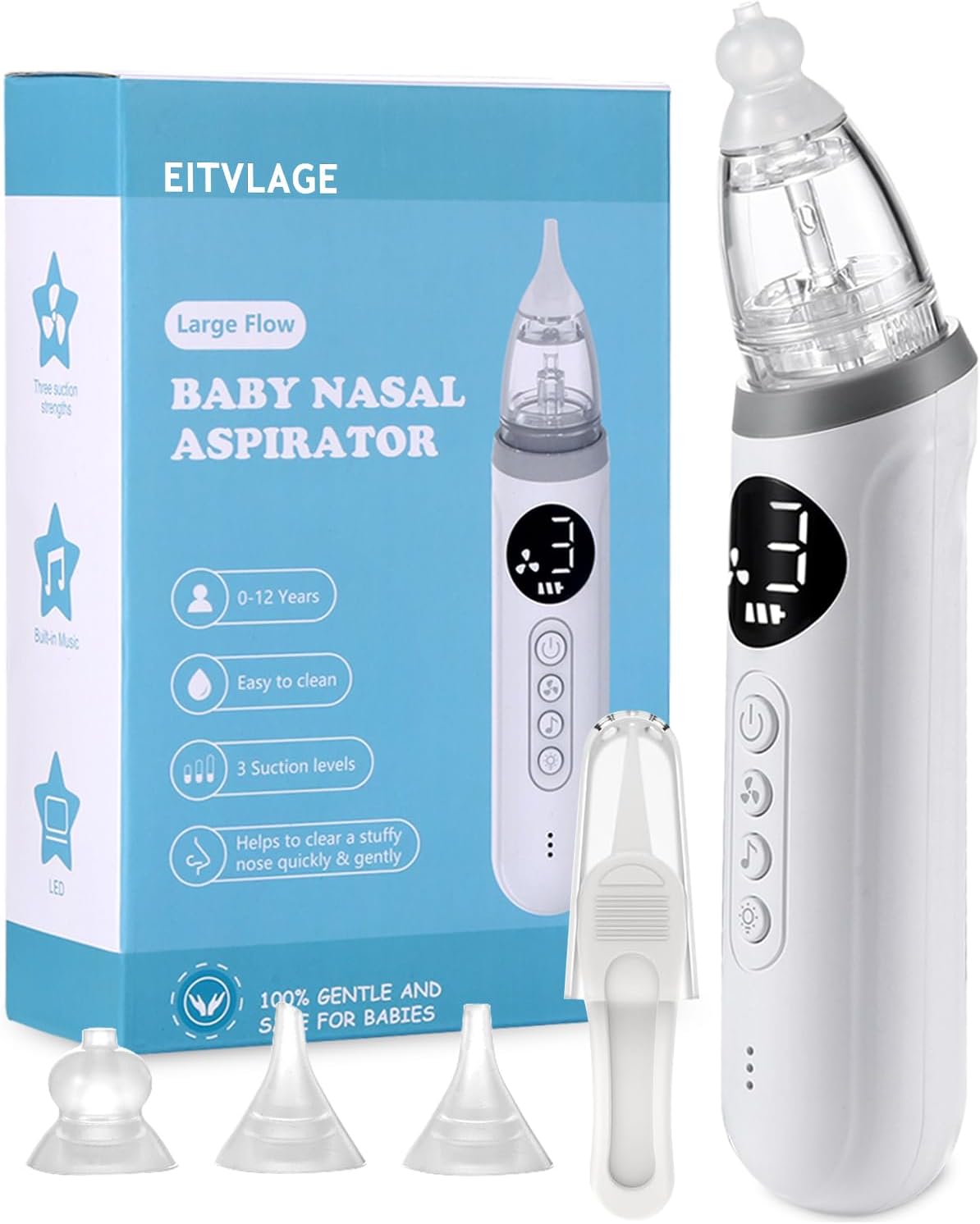 Nasal Aspirator for Baby, Electric Nose Aspirator for Toddler, Baby Nose Sucker, Automatic Nose Cleaner with 3 Silicone Tips, Adjustable Suctions, Music and Light Soothing Function