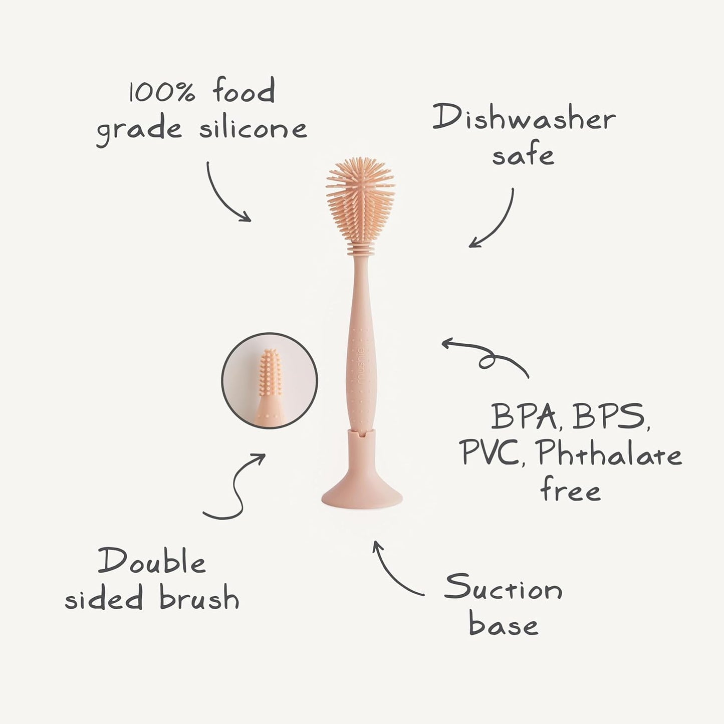 mushie Baby Bottle Brush | Soft Silicone with Suction Base (Blush)