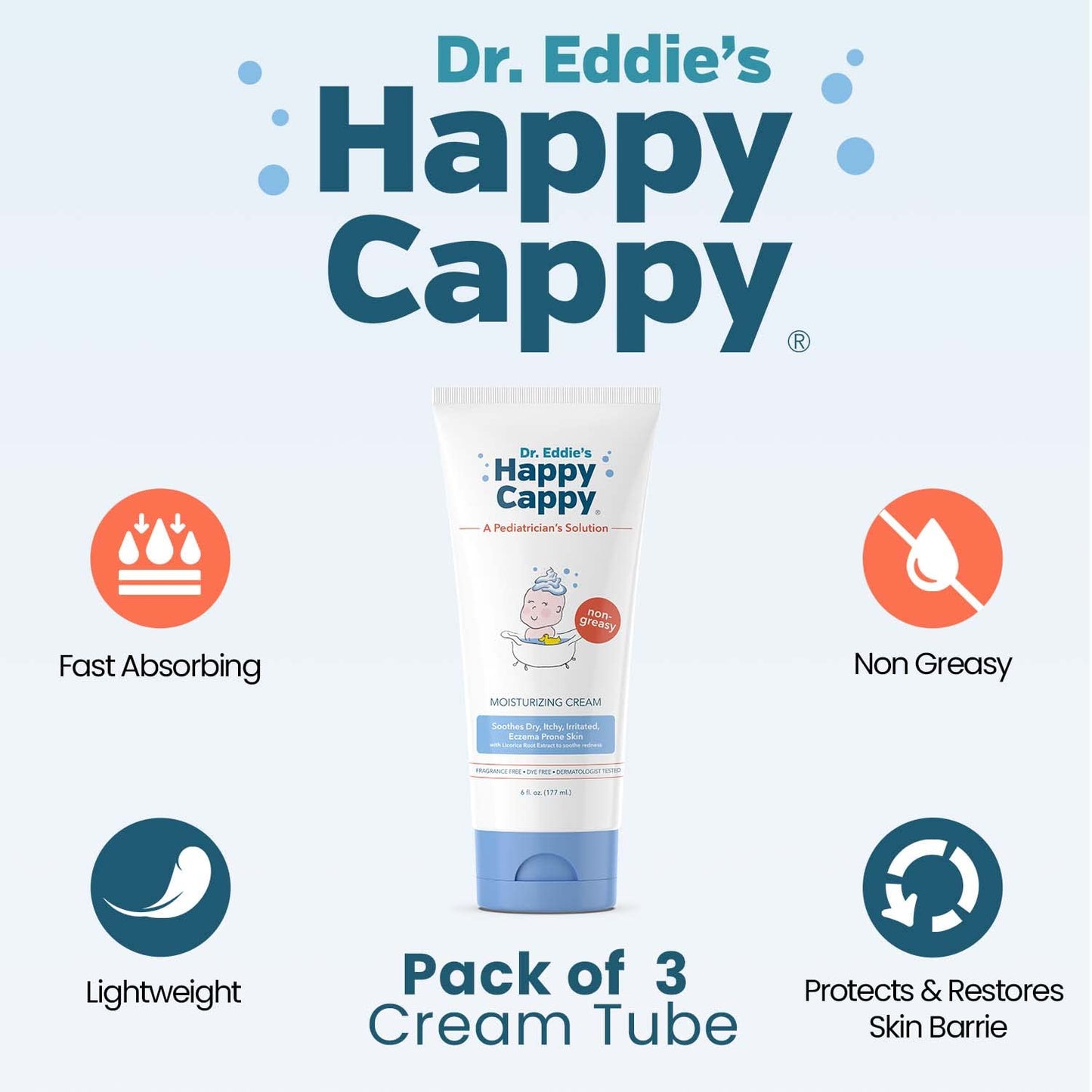 Happy Cappy Moisturizing Cream - Baby Eczema Cream, Eczema Lotion for Kids, Pediatrician-Formulated, Gentle, Paraben Free, Hypoallergenic, Soothes Dry Skin - 6 Fl Oz (Pack of 4)