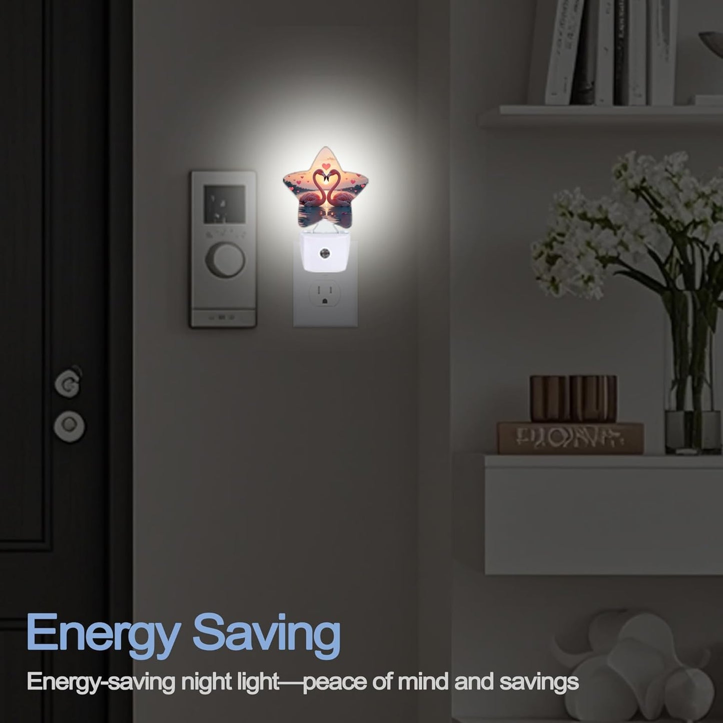 Beach Flamingos Night Lights Plug Into Wall,Romantic Love Heart Star Night Light for Kids,Nightlight with Dusk to Dawn Smart Sensor for Bedroom Bathroom Decor,Children Women Men Gift