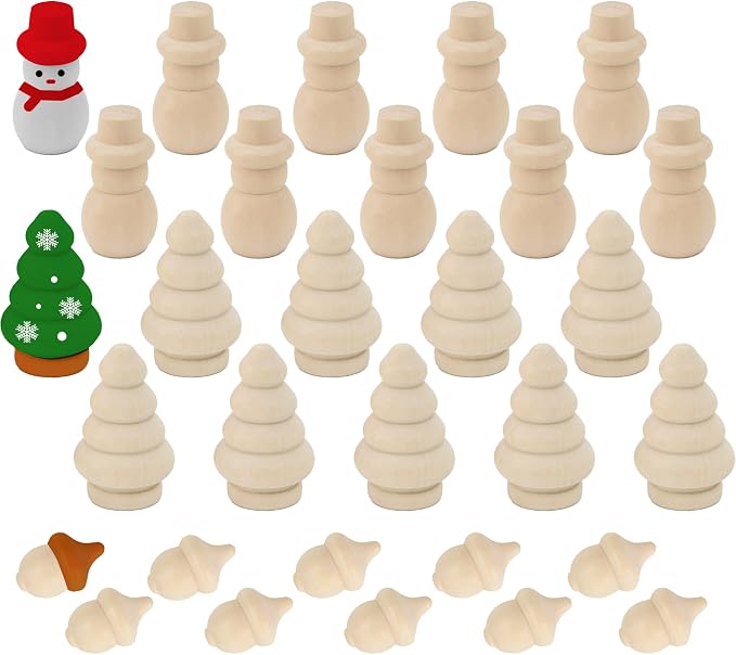 30Pcs Unfinished Wooden Set, Snowman Dolls Craft Christmas Tree Acorns Blank