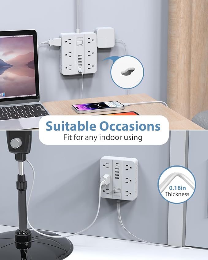 Surge Protector Power Strip 15 Ft Extension Cord, 12 Widely Spaced Outlets 6 USB (2 USB C) Ports, Ultra Thin Flat Plug Surge Protection for Home, Office, Dorm Room Essentials