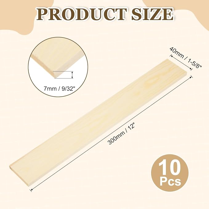 MECCANIXITY 10Pcs Wood Strips Slats, 9/32" x 1‑5/8" x 12" Thin Wood Sticks Flat