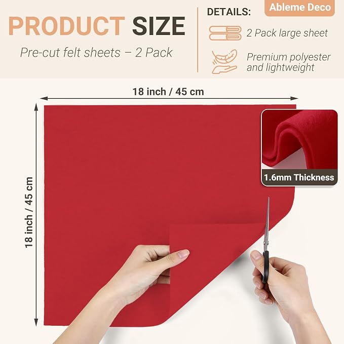 Red Felt Fabric Sheets 18" x 18" 1.6mm Soft Craft Felt Squares | Soft Precut