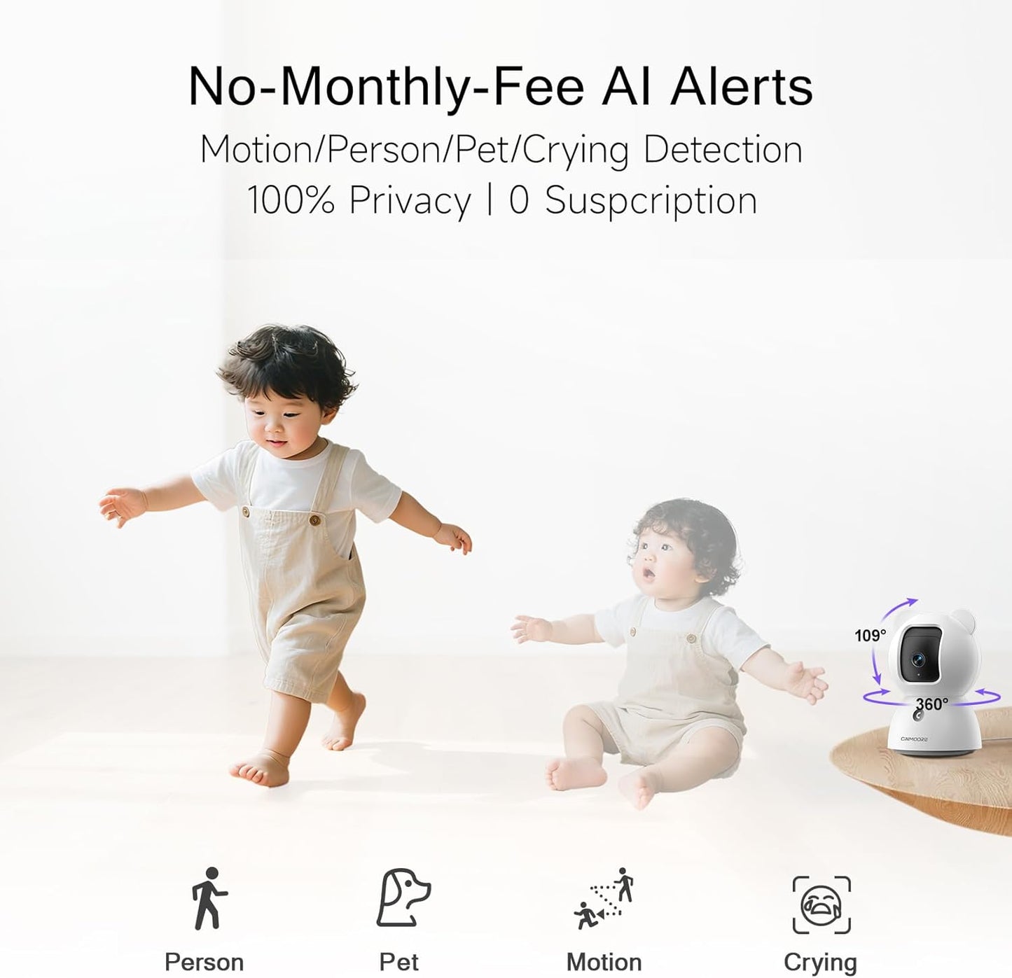 2.5K Security Camera Indoor, Non-Subscription AI Person/Pet/Cry Detection, 4MP Pet/Dog/Cat Camera w/Phone App, Pan Tilt 2.4GHz WiFi Cameras for Home Security, Full Duplex 2-Way Audio, IR Night Vision