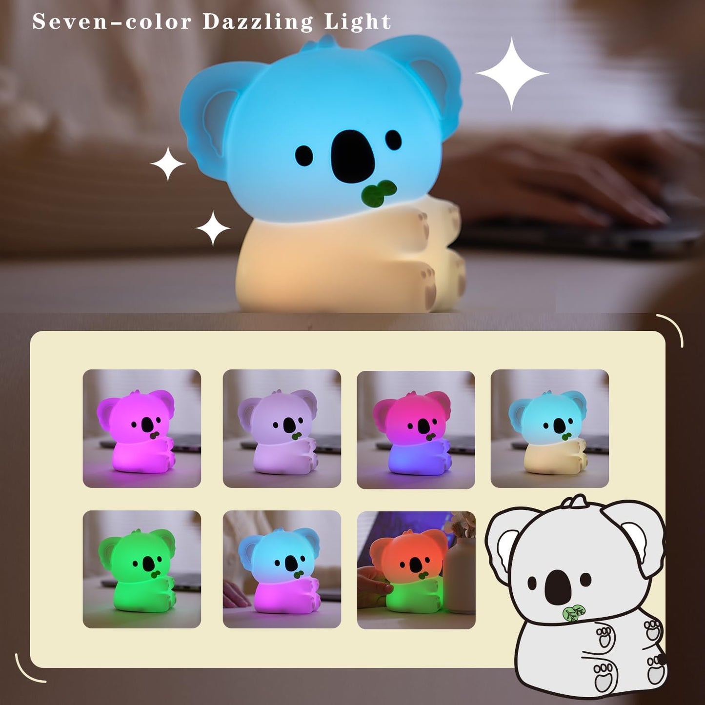Cute Koala Night Light, LED Squishy Night Lamp, 7 Colors Dimmable Timer Nursery Nightlight for Kids, Rechargeable Touch Lamp, Dorm Decor, Kids Funny Gifts(Koala)
