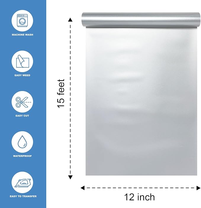 Silver Heat Transfer Vinyl HTV Roll Matte PU 12" x 15 ft. | Easy to Cut