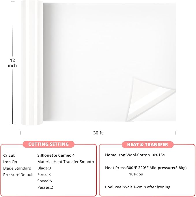 HTVRONT White Heat Transfer Vinyl Roll