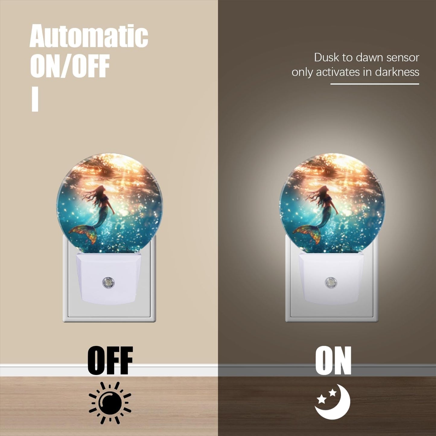 Round LED Night Lights Lamp with Dusk to Dawn Sensor, Beautiful Mermaid Swimming in The Deep Sea Night Light Plug Into Wall for Kids Room, Bedroom, Bathroom, Kitchen, Hallway