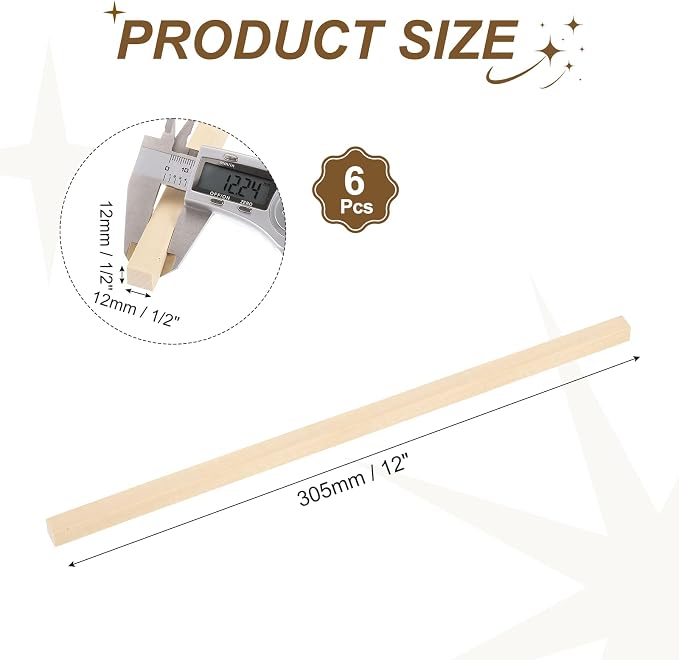 MECCANIXITY 6Pcs Basswood Sticks, 9/16" x 9/16" x 12" Square Wooden Dowel Rods