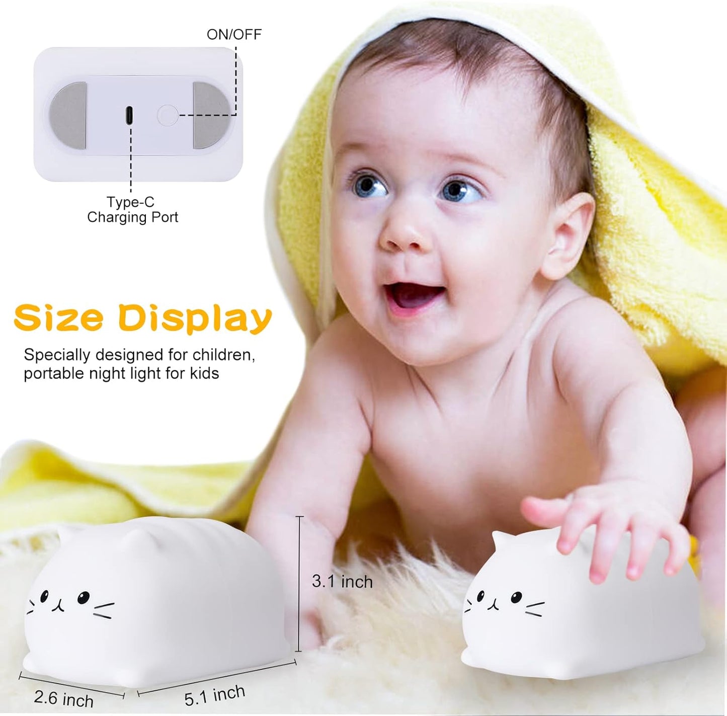 ZKLiLi Night Light, Cute Cat Nursery Lights USB Rechargeable Cat Lamp Nightlight Birthday Christmas Gift with Warm White and 7-Color Breathing Modes for Kids Baby Children (MBcat)
