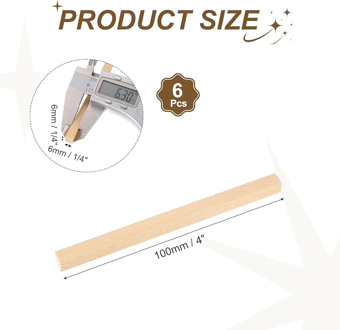 MECCANIXITY 6Pcs Basswood Sticks, 1/4" x 1/4" x 4" Square Wooden Dowel Rods