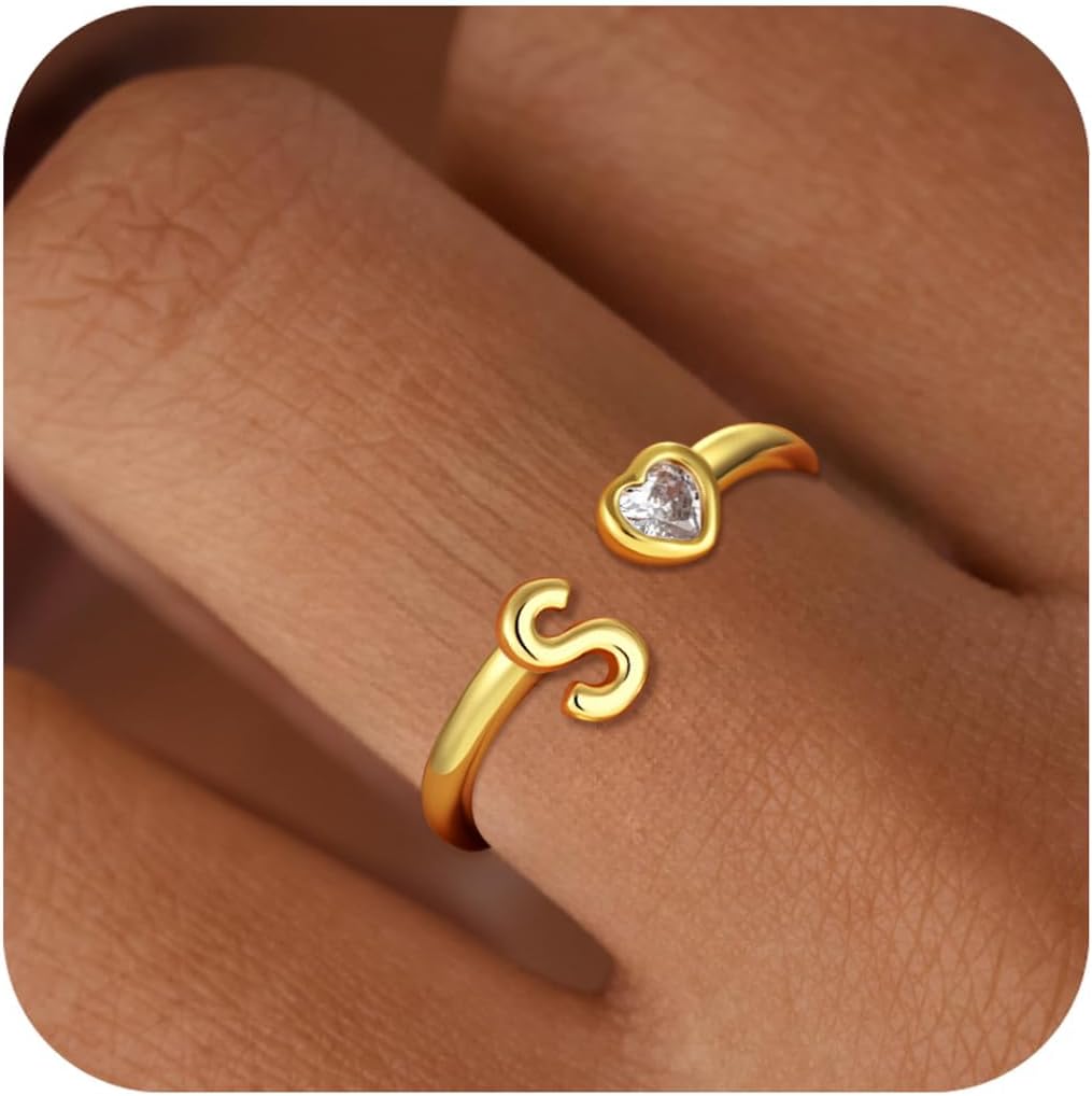 C-leen Christmas Gifts for Grandkids Teens Girls - 18K Gold Plated Adjustable Initial Rings for Women Girls Dainty Gold Rings Christmas Gifts for Women Teen Girl Trendy Stuff