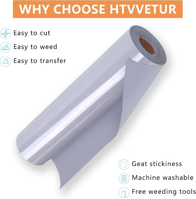 HTVVETUR Gray HTV Iron on Vinyl 12Inch by 35ft Heat Transfer Vinyl