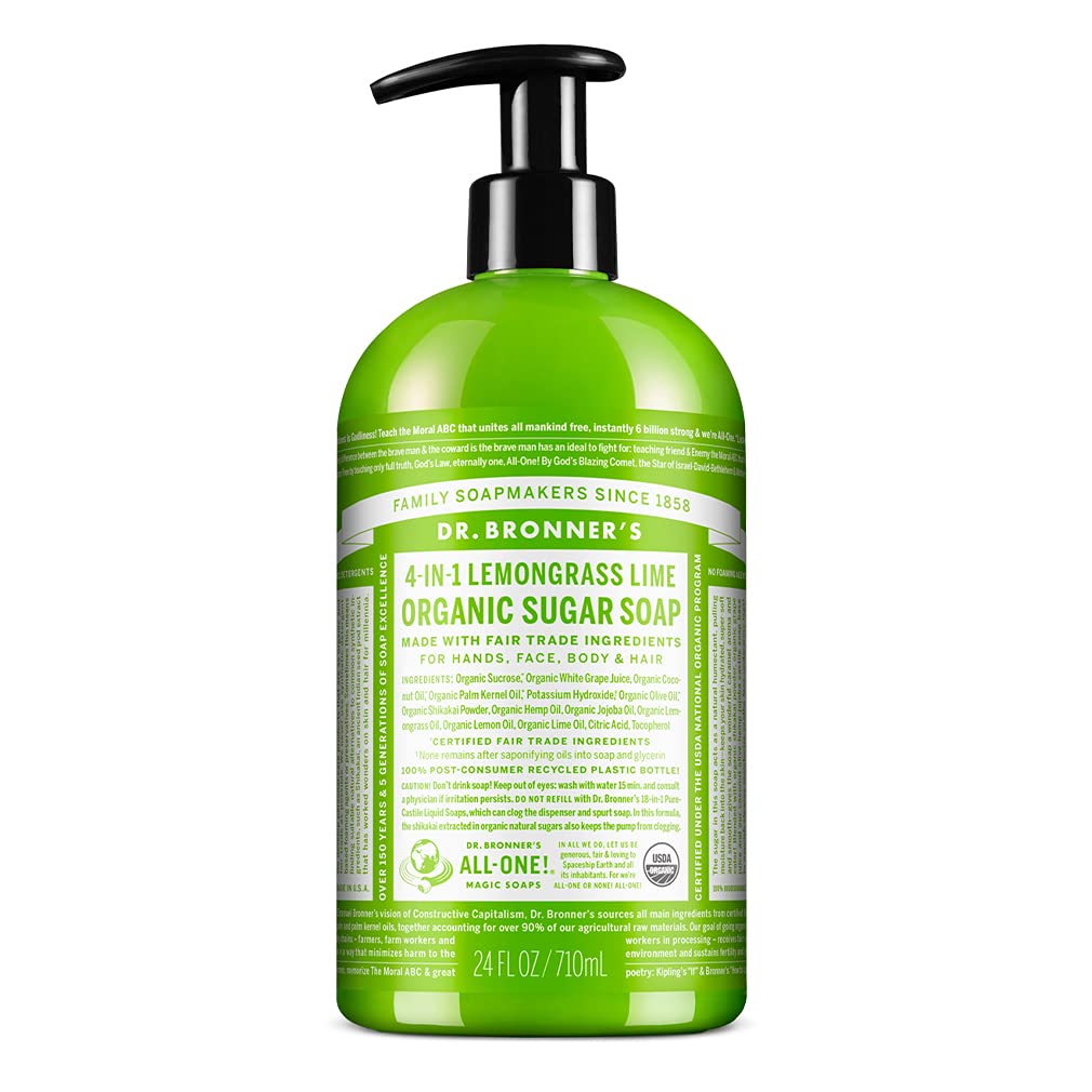 Dr. Bronner's - Organic Sugar Soap (Lemongrass, 24 Ounce) - Made with Organic Oils, Sugar and Shikakai Powder, 4-in-1 Uses: Hands, Body, Face and Hair, Cleanses, Moisturizes and Nourishes, Vegan