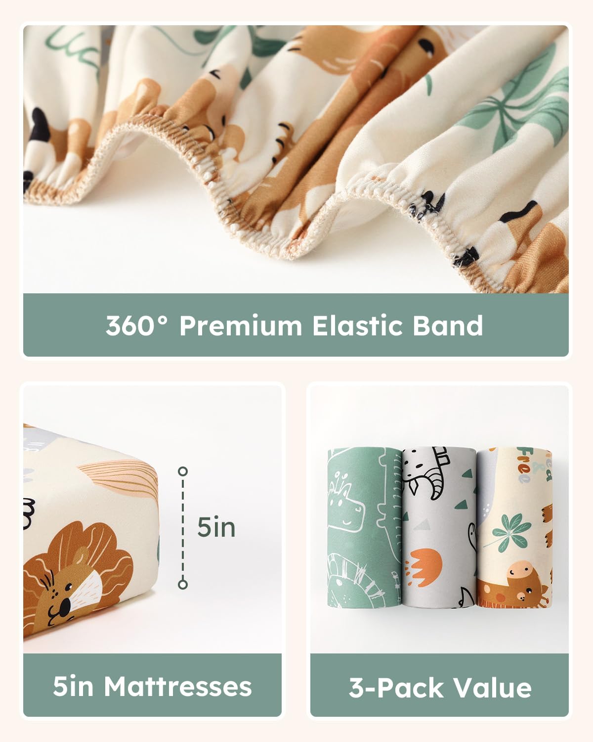 Pack and Play Sheets Fitted 3 Pack, Mini Crib Sheets for Pack N Play Mattress Stretchy Portable Playard Sheets, Soft Breathable Green & Apricot Lion