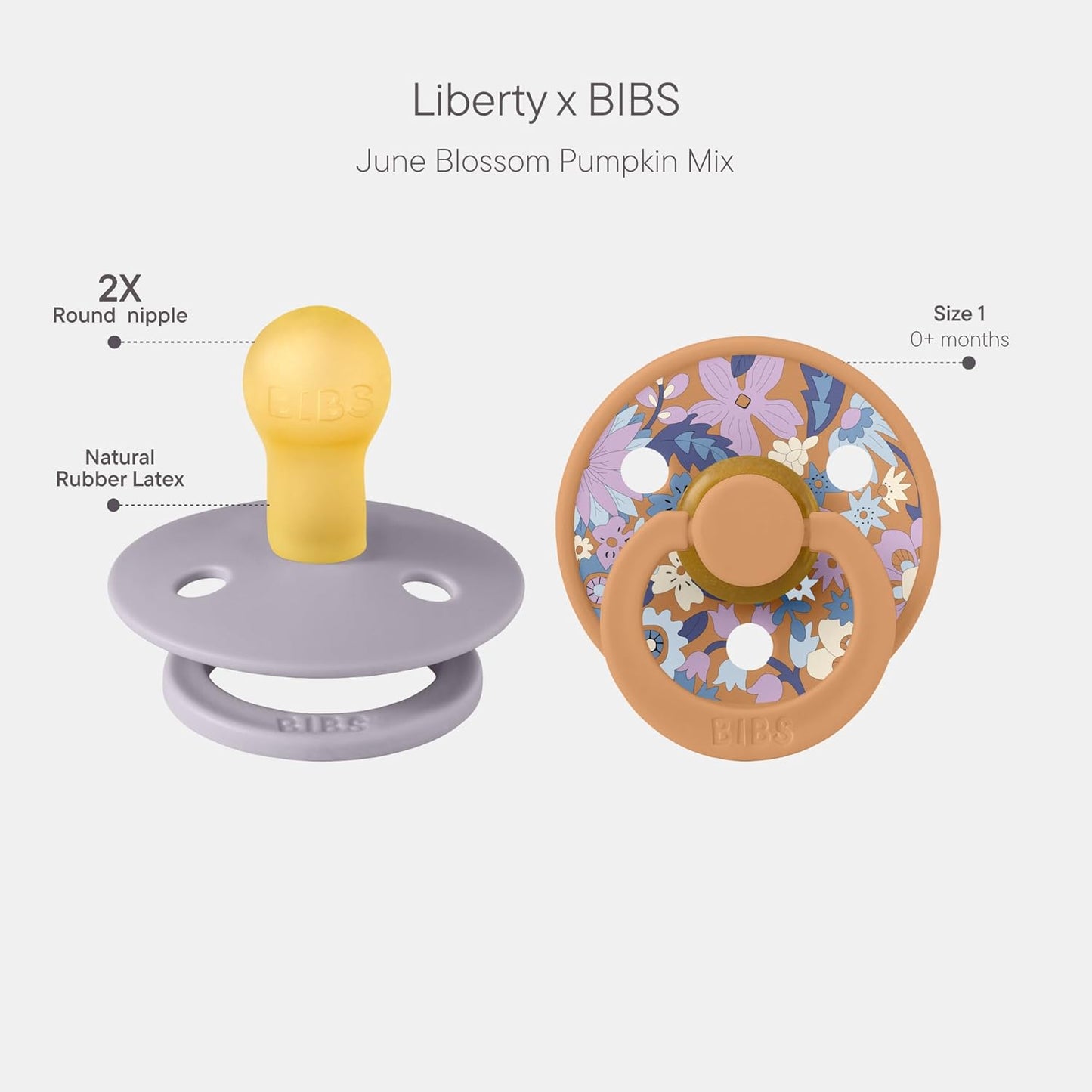 BIBS Colour Liberty Soother 2-Pack, BPA Free Dummy Pacifier, Round Nipple. Natural Rubber Latex, Made in Denmark, Size 1 (0-6 Months), June Blossom Pumpkin Mix
