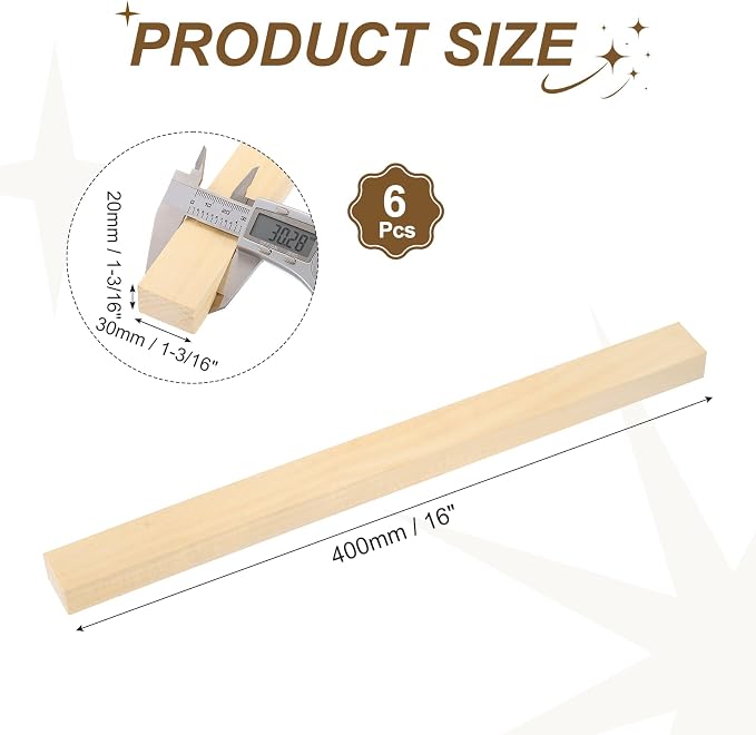 MECCANIXITY 6Pcs Basswood Sticks, 1.2" x 0.8" x 16" Square Wooden Dowel Rods
