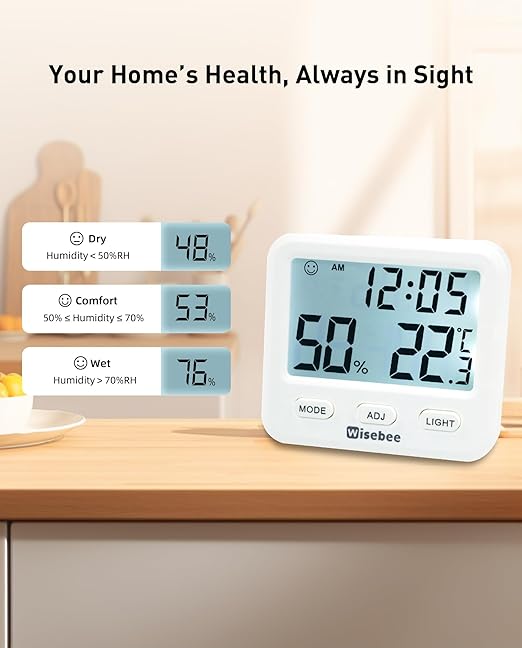 Wisebee Digital Indoor Hygrometer Thermometer, 2.9" Backlit Temperature Humidity Sensor Monitor for Baby Rooms, Home, Office, 1 Pack (White)